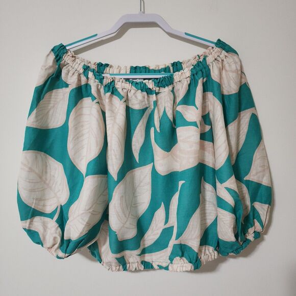 Rachel Zoe Womens Linen Blend Off-the-Shoulder Cropped Blouse Green Beige Size S - Picture 1 of 11